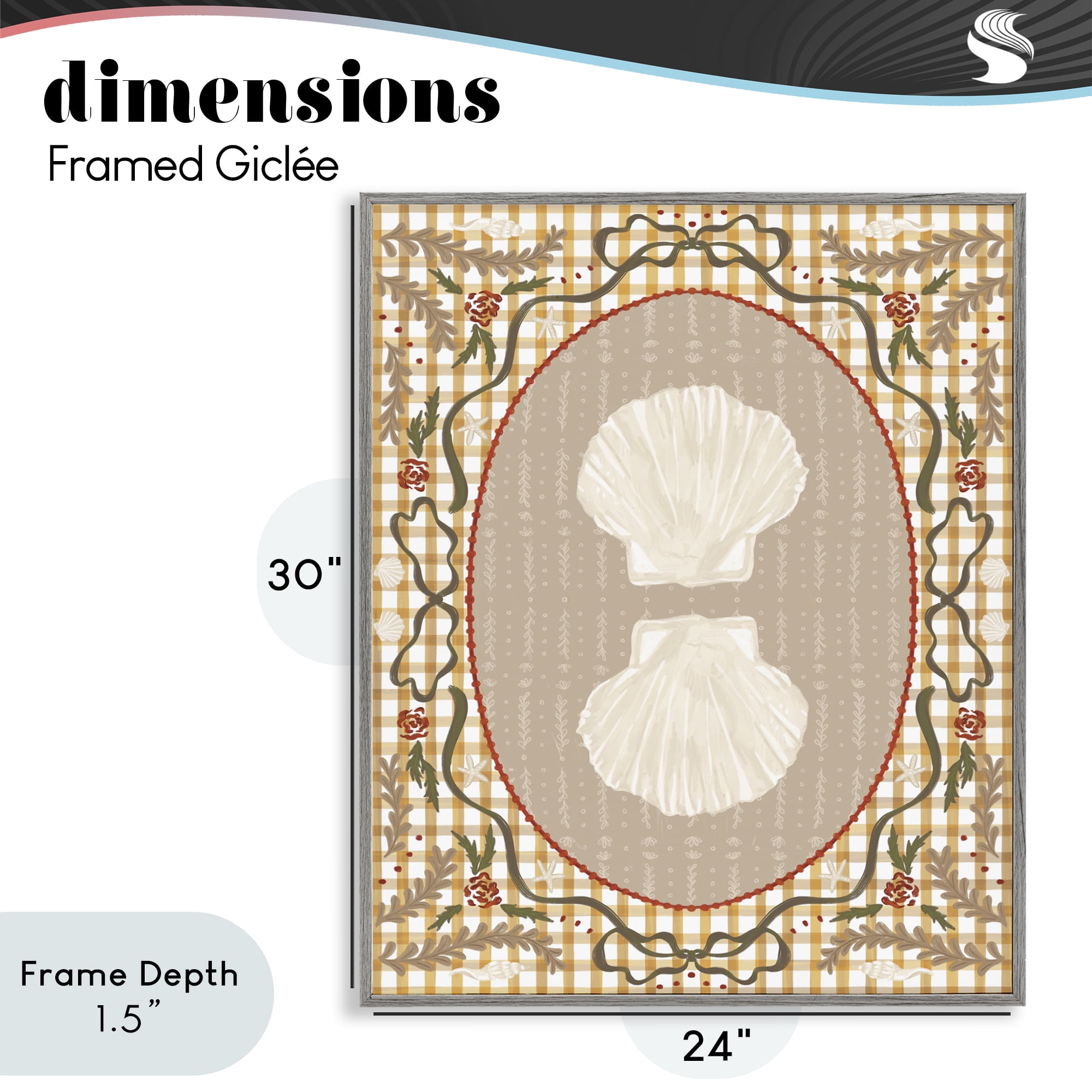 Stupell Industries Vintage Shells on Gingham Gray Framed Giclee Art, design by Vero Illustrates