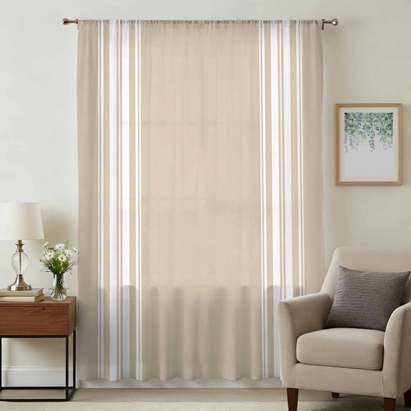 Beige Striped Sheer Curtains 72 Inches Long, Farmhouse Luxurious White Stripes Modern Abstract Art Light Filering Curtains, Breathable Simi Curtain Privacy Drapes for Living Room Window Treatment