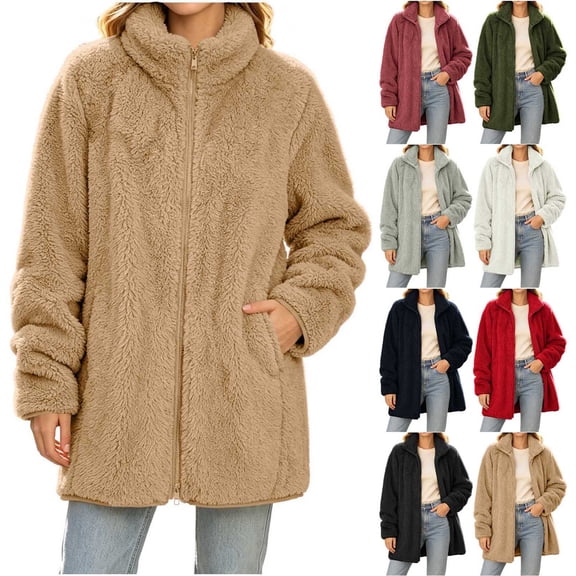 GERsome Sherpa Jackets for Women Long Sleeve Full Zip Fuzzy Casual Warm Winter Coat with Pockets Size L