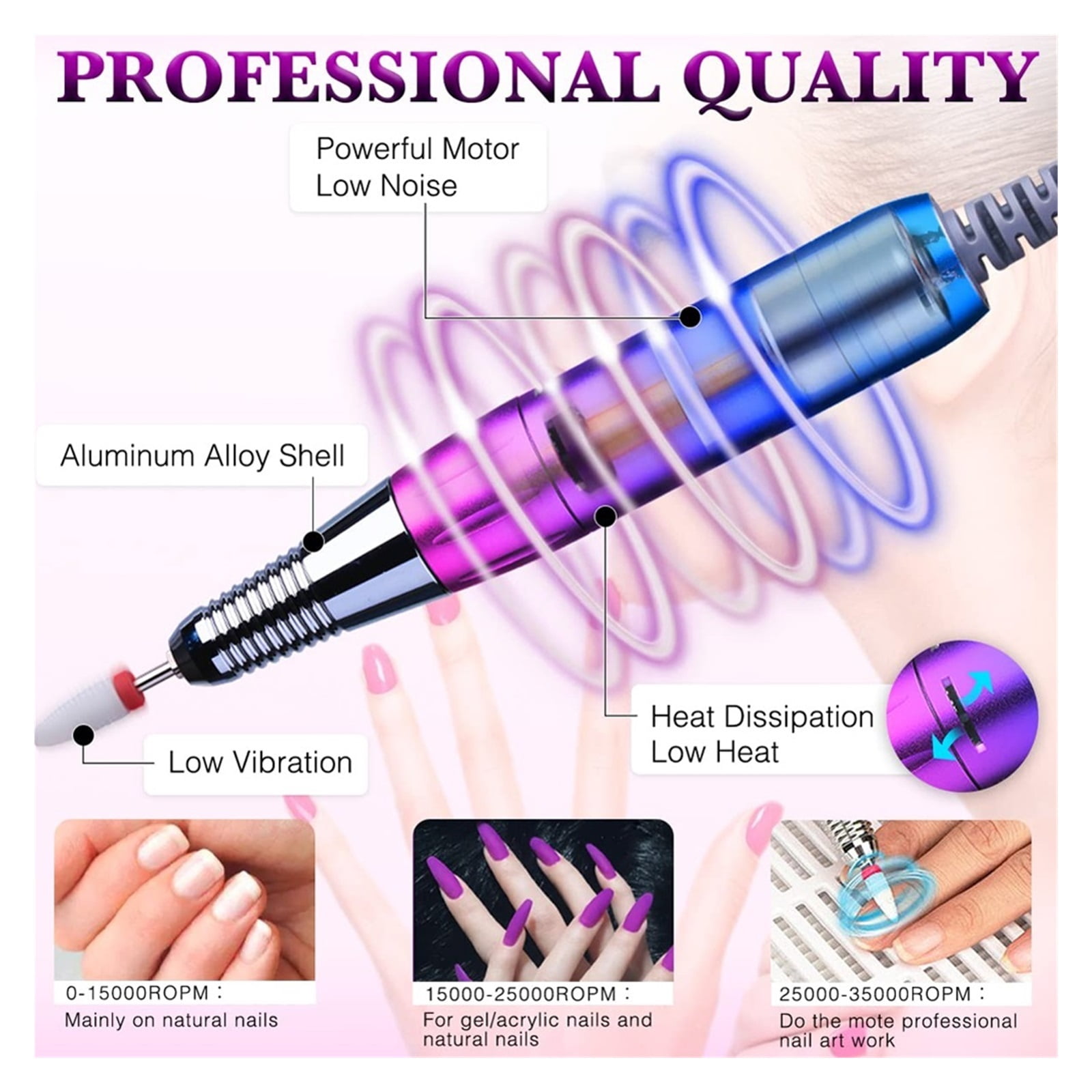 Professional Rechargeable 35000RPM Nail Drill Machine, Electric Nail File For Acrylic,Gel, Manicure Pedicure Polishing Shape Tools ,Low Noise