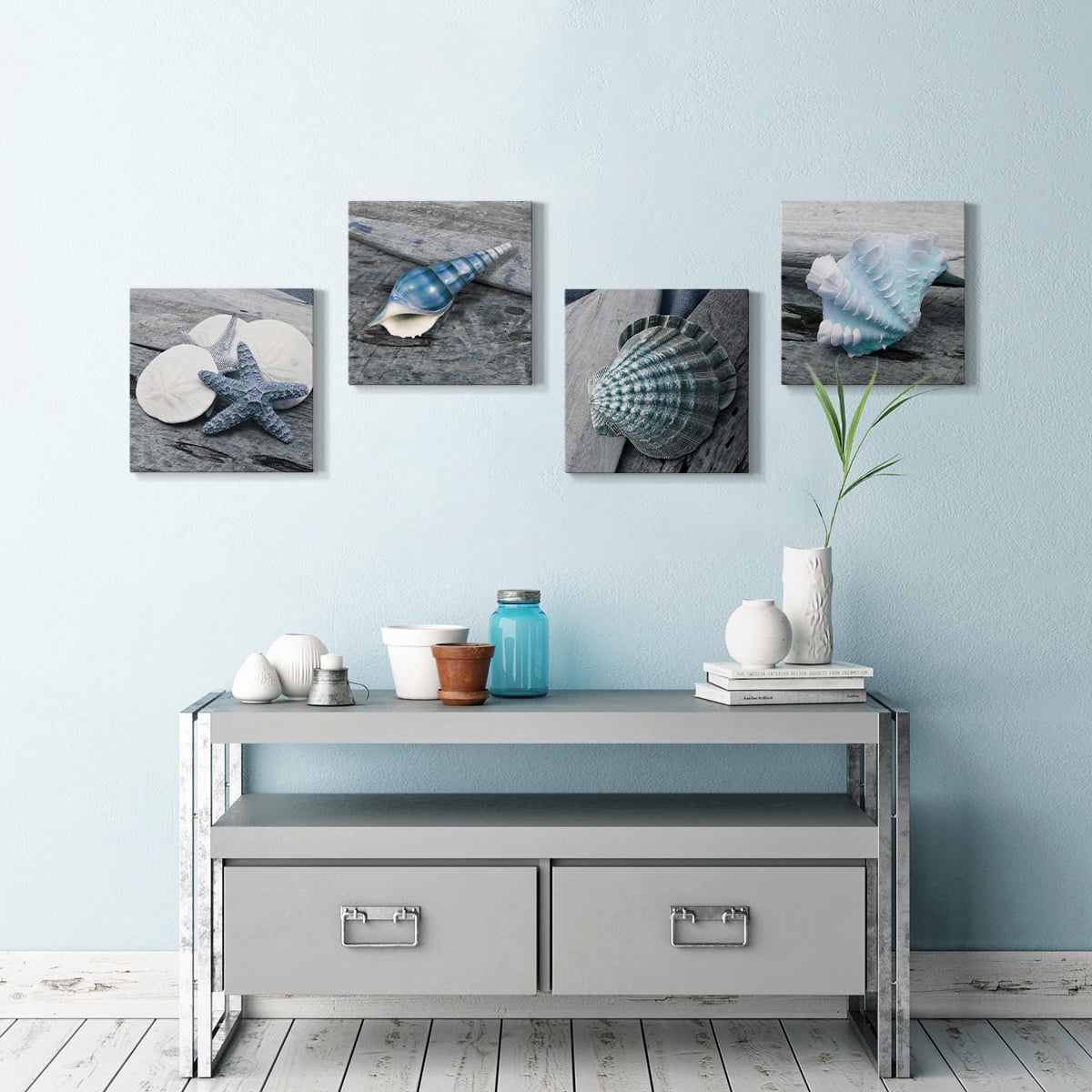 Wexford Home Beach Wall Décor Seashell Picture Prints Set of 4 Canvas Wall Art 24 x 24 inches Each Solid Wood Artwork for Cabin Home Office