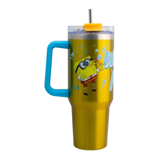 Termo 1.2 L Bob Esponja Amarillo Doble Pared con Asa y Popote de Acero Inoxidable