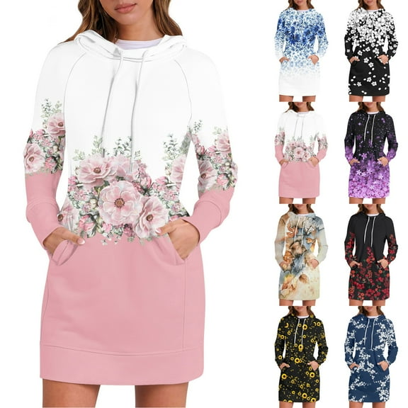 Women's Long Sleeve Hooded Sweatshirt Dress with Cute Floral Print, Casual Dress with Side Pockets for Fall and Winter, Cozy and Fashionable Retro Style Hoodie Dress,Pink,L