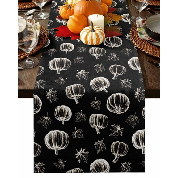 Fall Table Runner Thanksgiving Black Pumpkin Table Runners Autumn Maple Leaves Cotton Linen Dresser Scarf Kitchen Dining Table Decor for Fall Holiday Party Decor 13x72 Inch