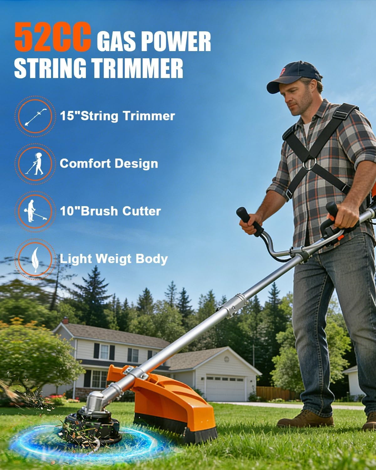 NEOTEC 52CC Gas Weed Wacker 2-Cycle, Heavy Duty Brush Cutter, Anti-Fatigue Comfort Grip & Dual Shoulder Harness, Gasoline String Trimmer for Lawn Garden Grass Edge and Weed Clearing