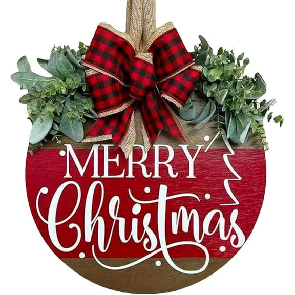 Jinswick Merry Christmas Door Hanger Sign for Front, Chrismas Welcome Wooden Wreaths Sign with Bow for Winter Farmhouse Garden Porch Decorations (Christmas Door Sign)