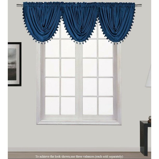 HOLLYWOOD 1Piece NAVY BLUE Waterfall Rod Pocket Window Valance with Decorative Trim 55"Wx 37"L