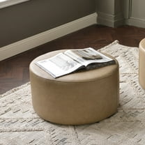 KINWELL Modern Faux Leather Round Upholstered Ottoman, Multi-Functional Sofa Footrest, Side Table, Extra Seating for Living Room, Bedroom (Khaki, 24" D x 24" W x 13" H)