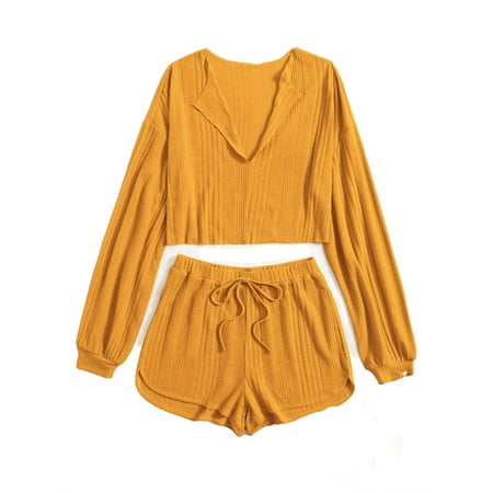 

Casual Collar Short Sets Long Sleeve Mustard Yellow Plus Size Pajama Sets (Women s)