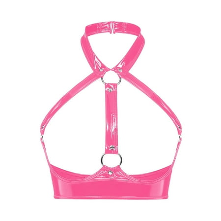 UKLSQMA Ladies  Solid Color PVC Patent Leather Sexy Bras Provocative Lingerie for Women Shiny Fetish Bras Pink M