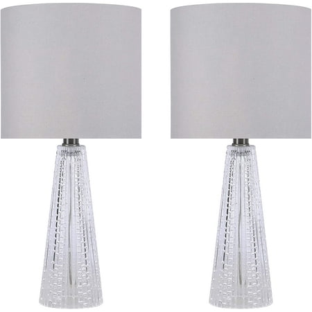 16" Clear Glass Table Lamp w/ Textured Base & Natural Linen Drum Shade ...