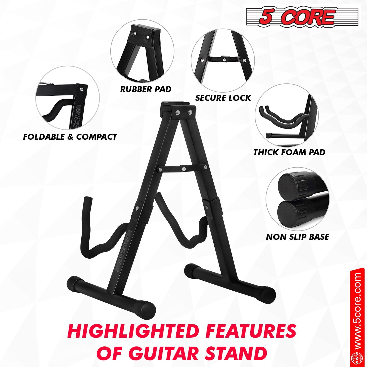 5Core Double Guitar Stand Floor Adjustable A Frame Folding Acoustic Electric Guitars Holder Stands