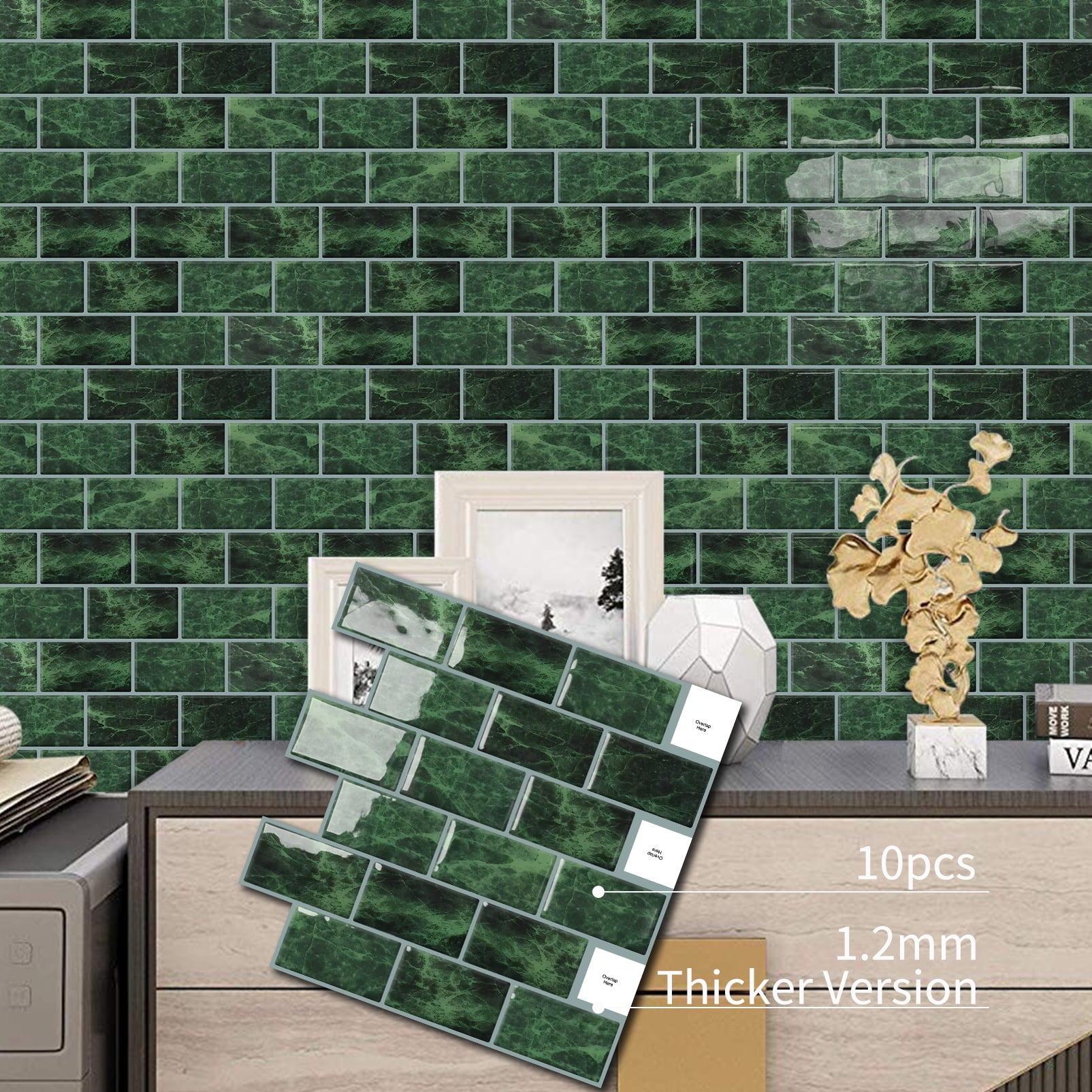DEWOO Peel and Stick Backsplash - 10 Sheets of 12"×12" - 3D Adhesive Peel and Stick Tile Backsplash for Kitchen, Bathroom, Wall Tile, Green
