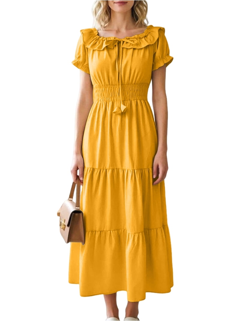 ladies dress yellow colour Renaissance Medieval Women Solid Color Ruffle Trim Tie Strapless Puff Sleeve Swing Dress L Hollace