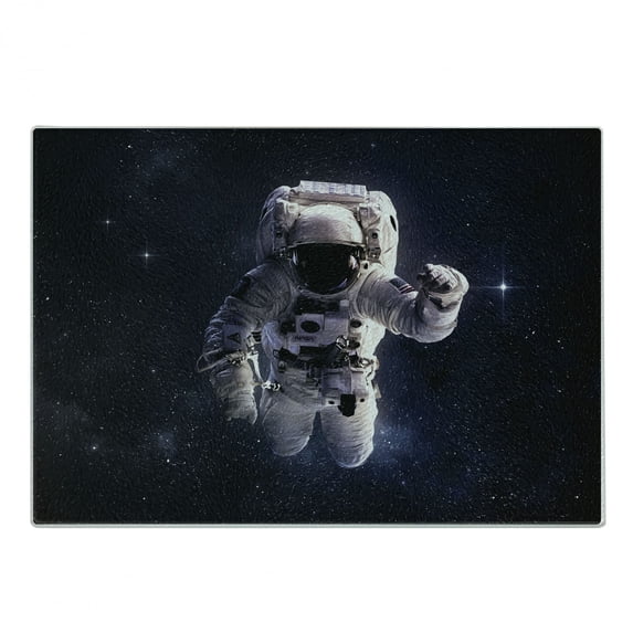 Galaxy Cutting Board, Astronaut in Outer Space Stardust Nebula in Milky Way Cosmonaut Apollo Art, Decorative Tempered Glass Cutting and Serving Board, Small Size, White Dark Blue, by Ambesonne