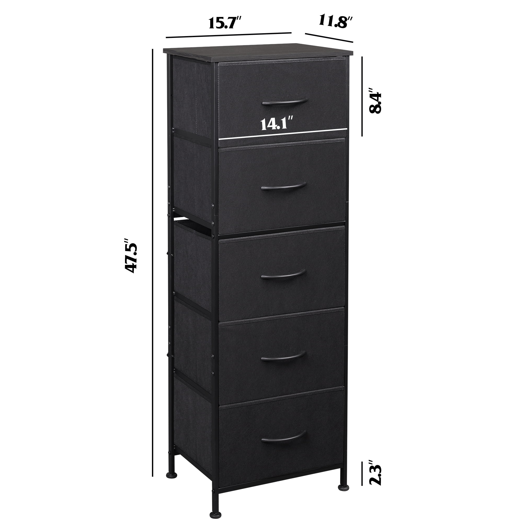 GALAXHERO 5-Drawer Tall Fabric Dresser with Wood Top, Storage Organizer Chest for Bedroom, Closet, Hallway, Sturdy Steel Frame, Charcoal Black