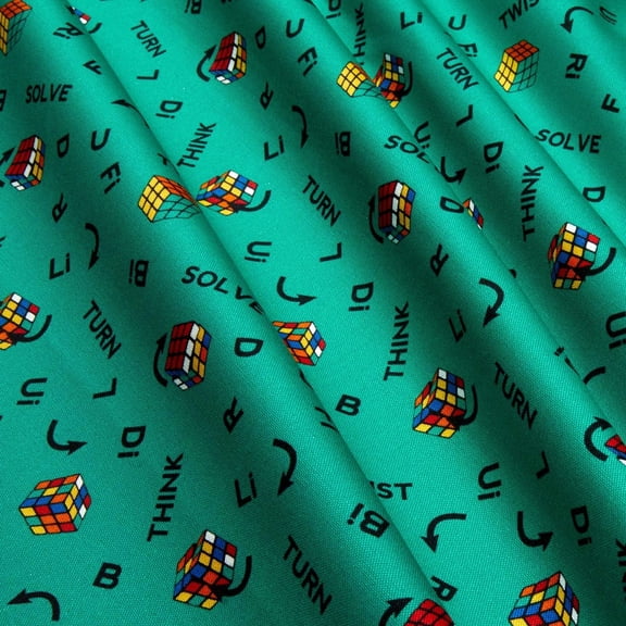 I Love Rubik's Collection Twist and Turn in Green 100% Cotton Fabric Sold by the Yard