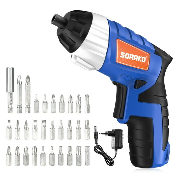 SORAKO 32 Pcs Cordless Screwdriver 4.0V 6 N.m 1.3Ah Electric Screwdriver Rechargeable Set with LED Light,Blue