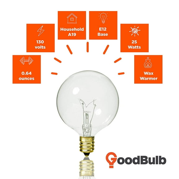 GoodBulb Wax Warmer Bulbs, G16 25 Watt Bulbs, E12 Light Bulb Candelabra Base, 130 Volts, 240 Lumens, Ideal for Wax Warmers, Salt Rock Lamps, Night Lights, and More - Pack of 12