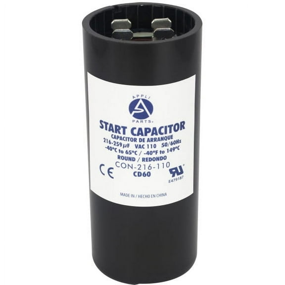 Appli Parts motor start capacitor 216-259 Mfd (microfarads) uF 110-125 VAC universal fit for electric motor applications 1-7/16 in Diameter 3-3/8 in Height CON-216-110