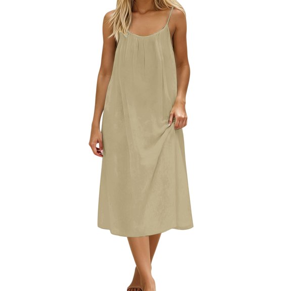 Women's Lightweight Summer Sleeveless Backless Casual Dress Relaxed Fit Flowy Maxi,Beige,XXL