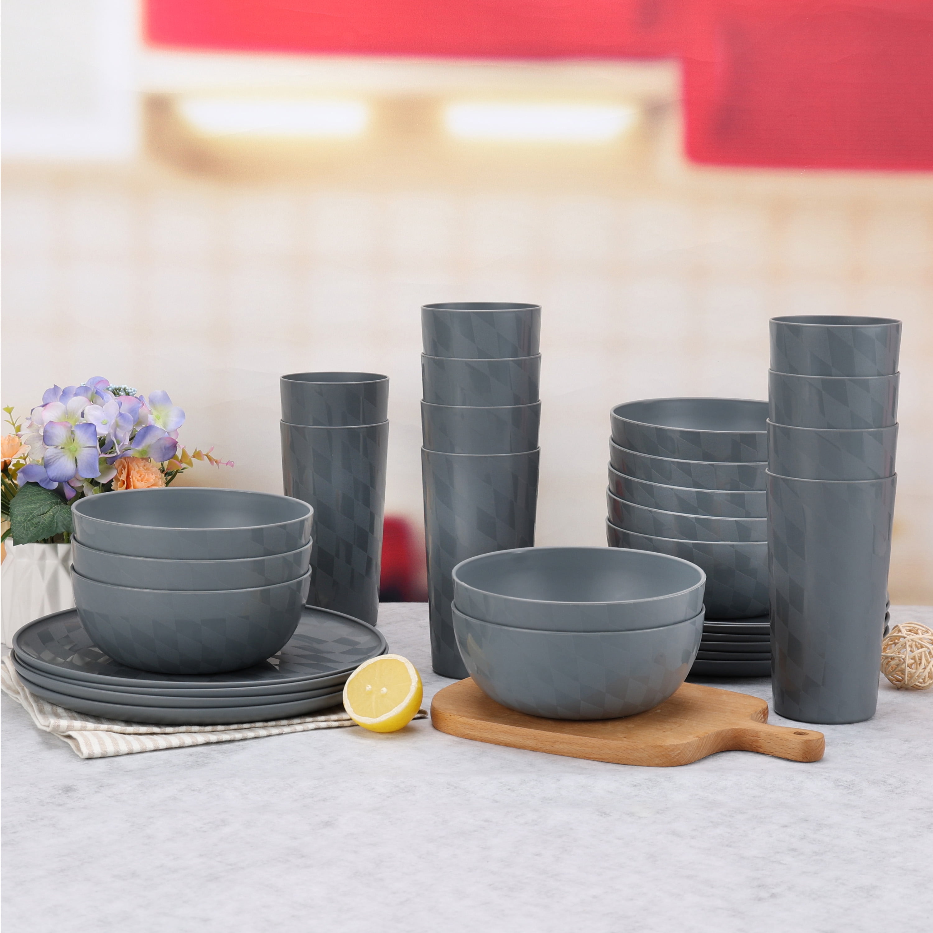 Mainstays 30-Piece Plastic Check Pattern Dinnerware Bundle Set, Grey