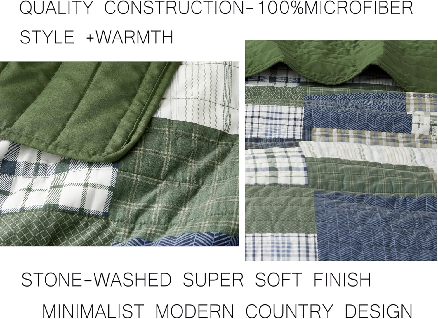 Chezmoi Collection Cedar 3-Piece Printed Patchwork Quilt Set, Green Navy Plaid Coverlet, Pre-Washed Microfiber Lightweight Bedspread for All Seasons, Oversized King Size