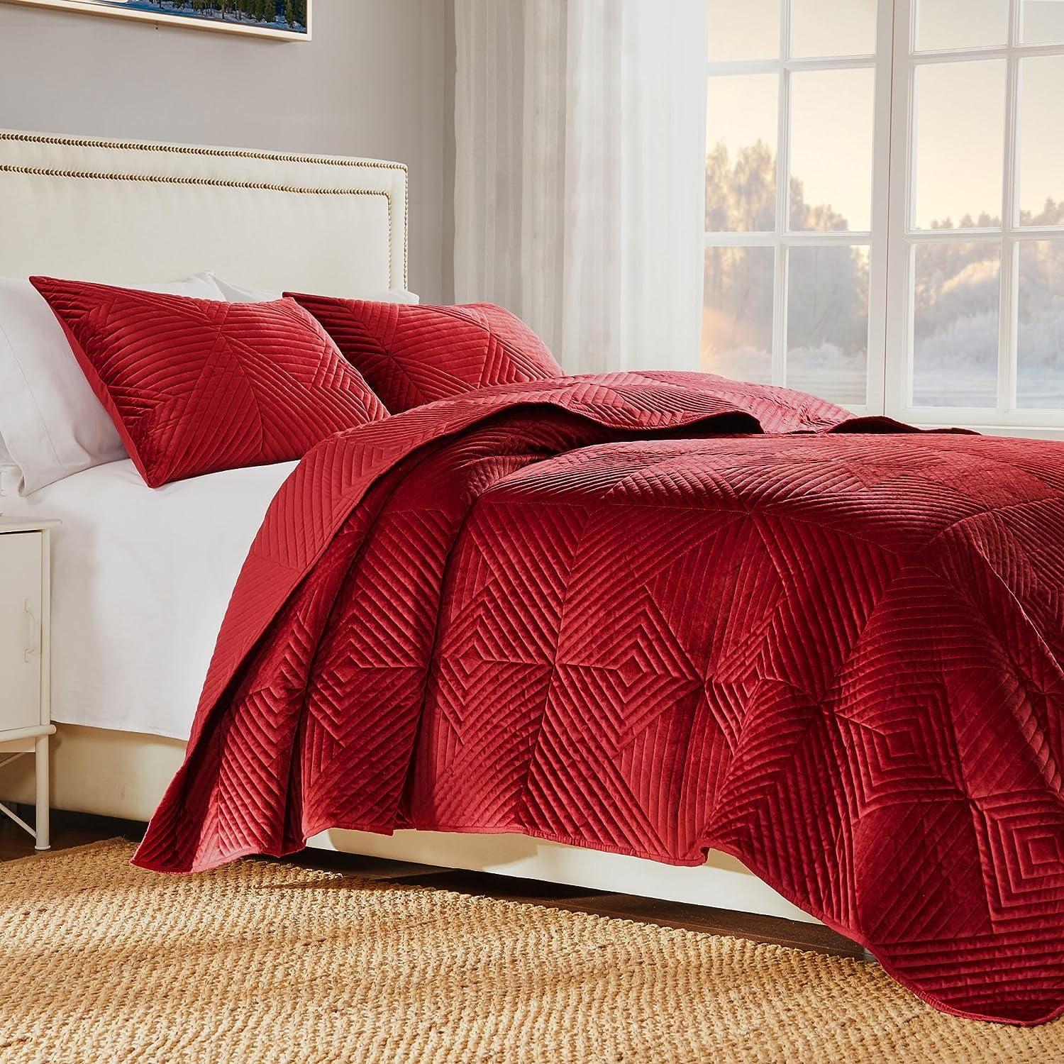 Barefoot Bungalow Riviera Velvet Finely Stitched Modern Quilt Set, Red, 3-Piece King/Cal King