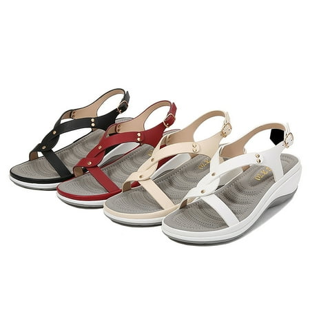 

Aayomet Summer Sandals Women s New Wedge Heel Solid Round Head Beach Sandals Black 6.5
