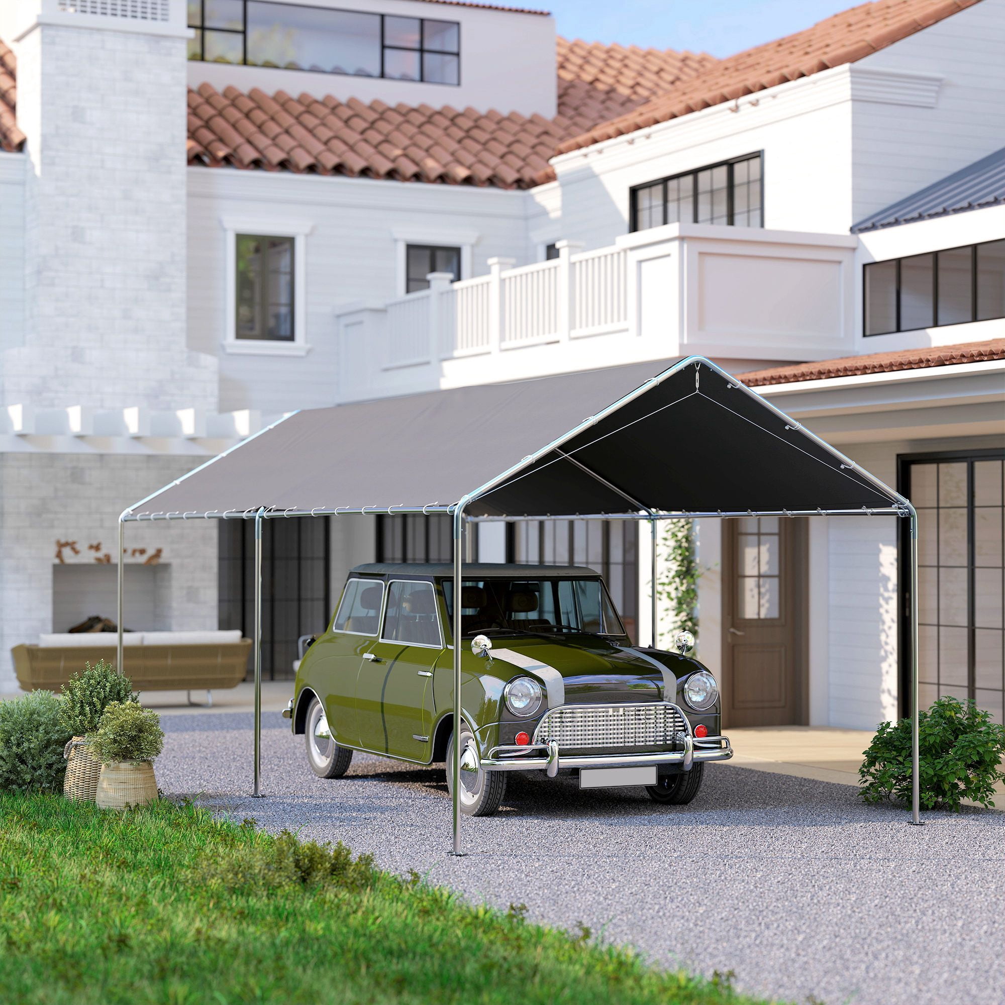 Outsunny 9.6' x 19.5' Carport Canopy, Heavy Duty Galvanized Steel Frame with PE Cloth, Weather Protection for Small to Medium Vehicles, Grey Outdoor Car Tent with Anchor Kit