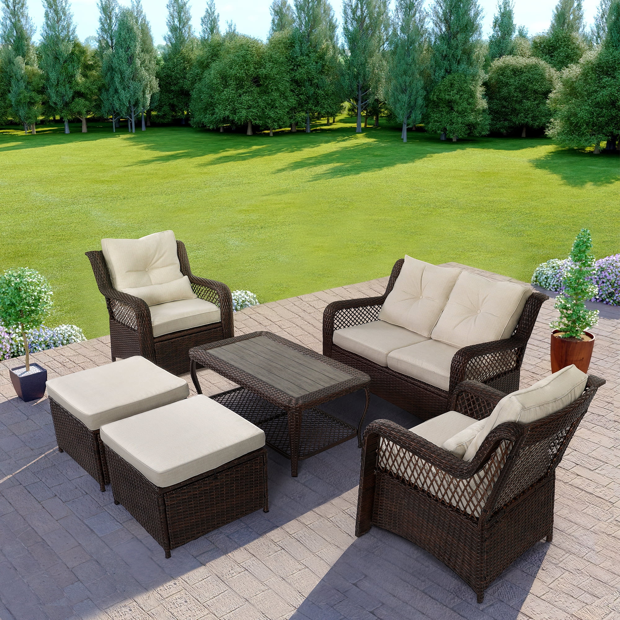 HOMREST Patio Furniture Set 6 Pieces Rattan Outdoor Patio Conversation