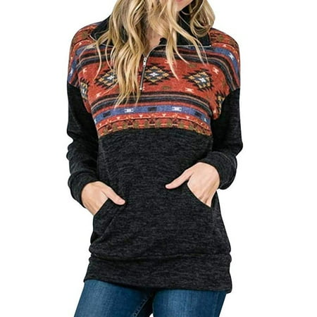 Women's Casual Fall Long Sleeve 1/4 Zip Aztec Floral Printed Pullover Sweatshirt Tops with