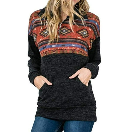 1/4 Zip Microfiber Pullover Women's Casual Fall Long Sleeve 1/4 Zip Aztec Floral Printed Pullover Sweatshirt Tops with Pockets ()