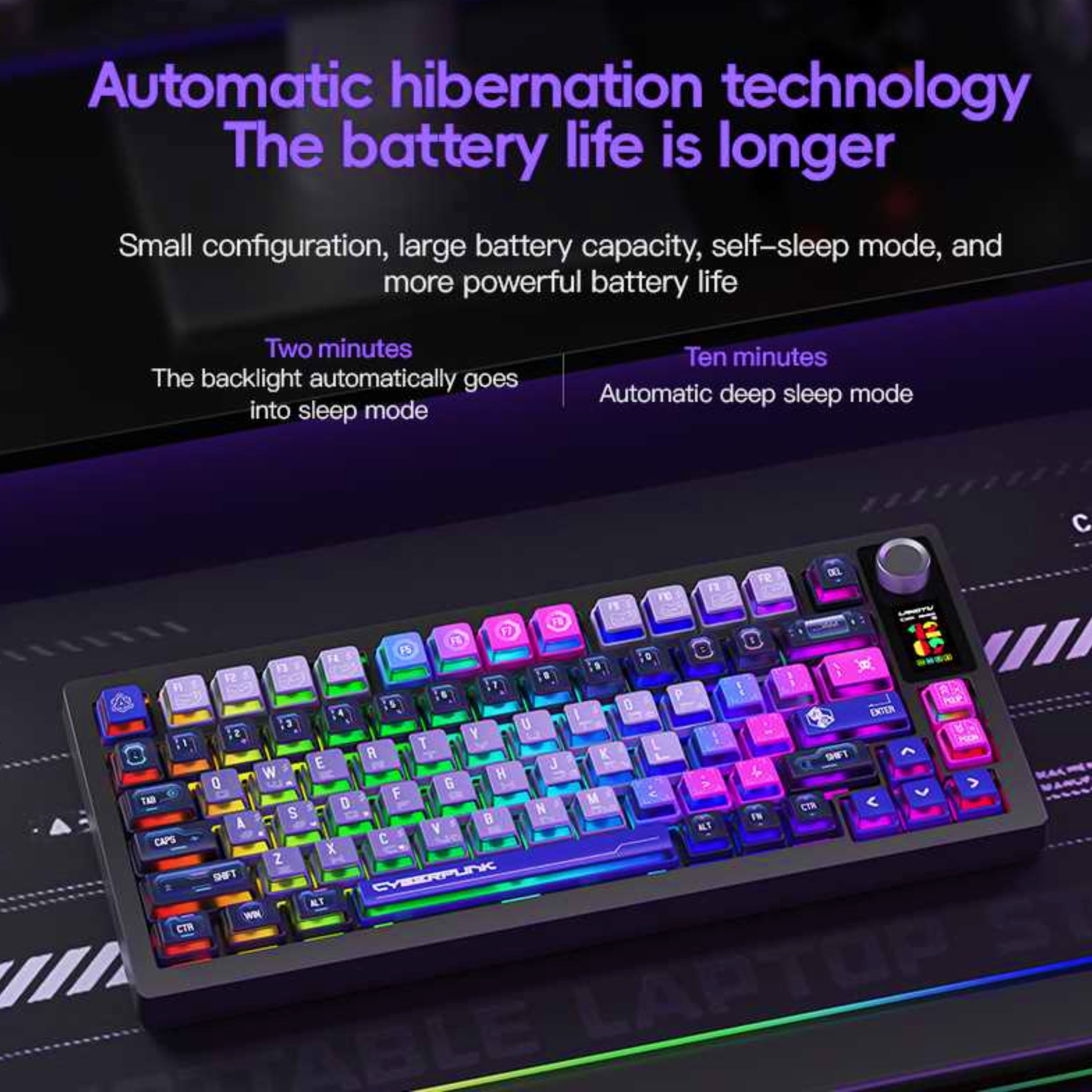 75% Wireless Cyber-Style Mechanical Keyboard with RGB Smart Screen, Music Reactive Backlight, Hot-Swappable Switches, Gasket Mount – Cyber Illusion Purple