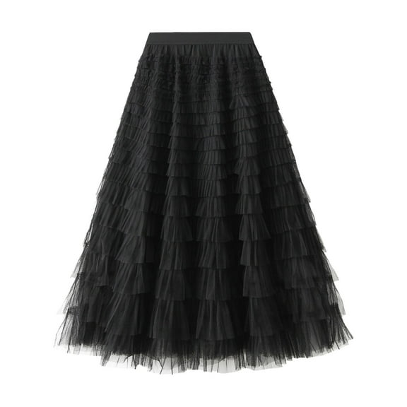 Ediodpoh Tutu Skirt Women's A Line Pleated Long Tutu Skirt with Ruffle Mesh Calf Length Chiffon High Waist Cake Skirt Skirts for Women Black L
