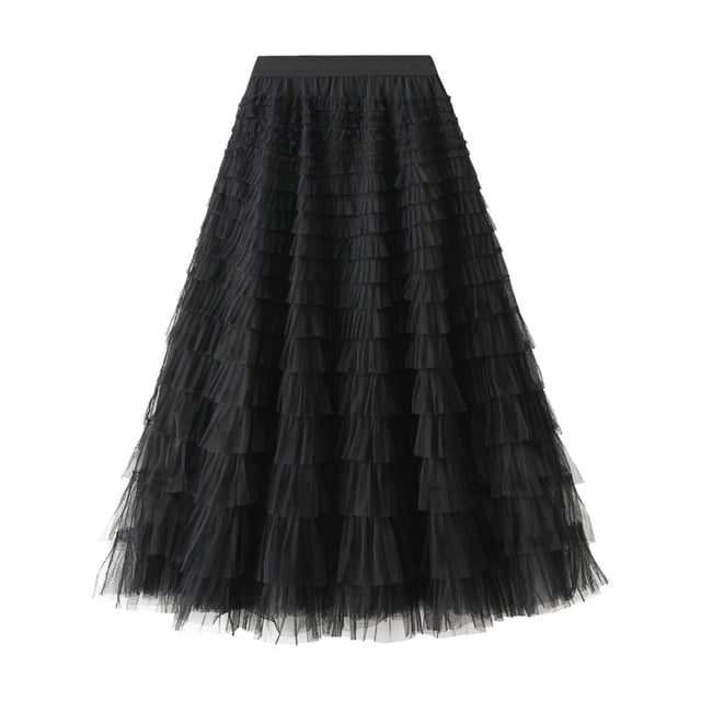 GPOECD Womens Long Skirts A Line Pleated Long Tutu Ruffle Mesh Calf Length Chiffon High Waist Plus Size Skirts 02_Black,M
