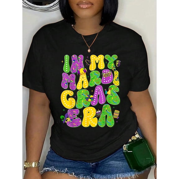 100% Cotton in My Mardi Gras Era Louisiana New Orleans Parade Vibes T-Shirt Print Round Neck Cotton T-Shirt, Summer Women's Tops, gift