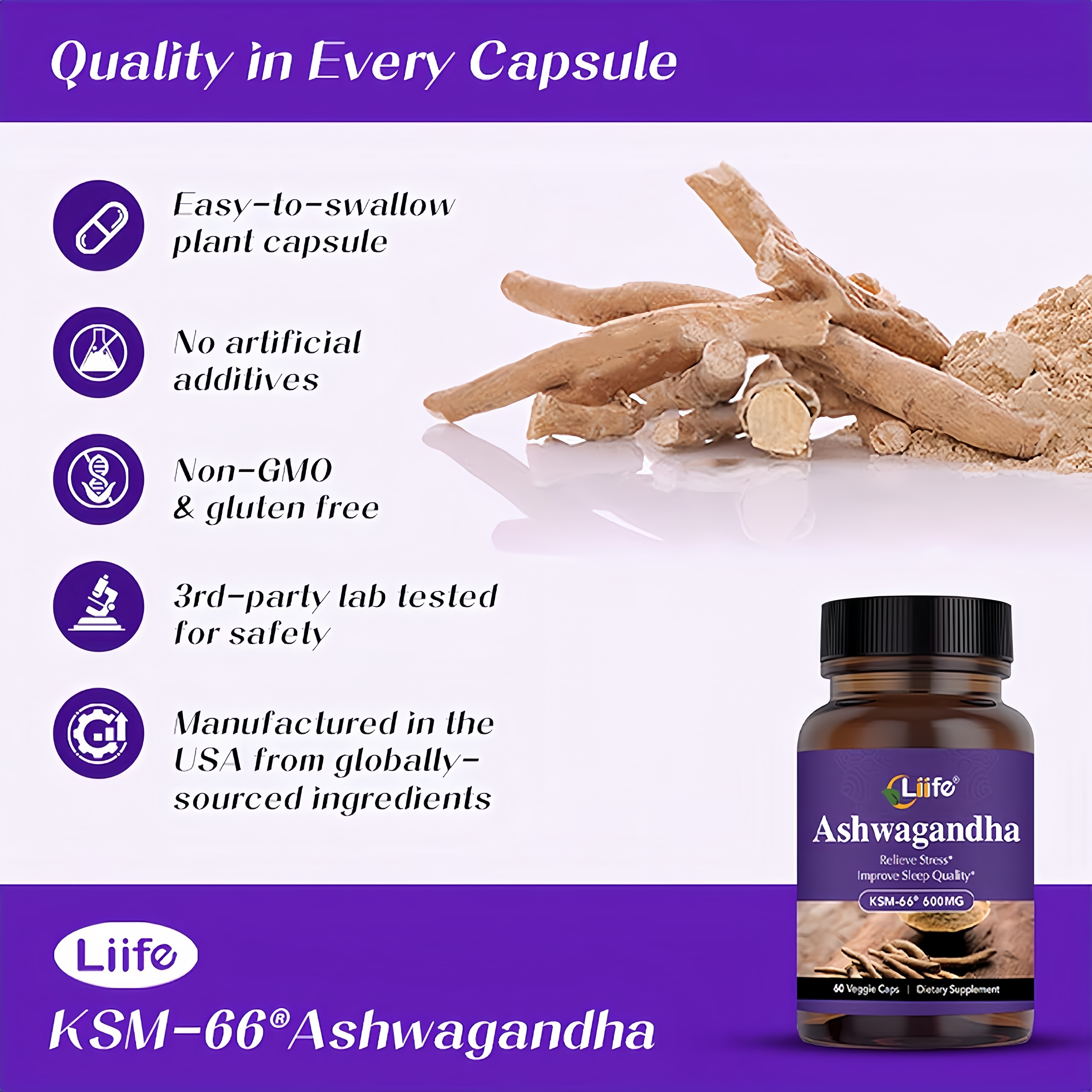 Liife KSM-66 Ashwagandha 600mg | with L-Theanine &Black Pepper| 60 Veggie Capsules | Calm,Support Restful Sleep, Relaxation, Energy, & Brain Health