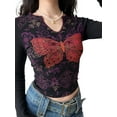 thumbnail image 3 of Women's Notched V Neck Tops Vintage Butterfly Print Long Sleeve Slim Fit T-Shirt Casual Blouse, 3 of 10