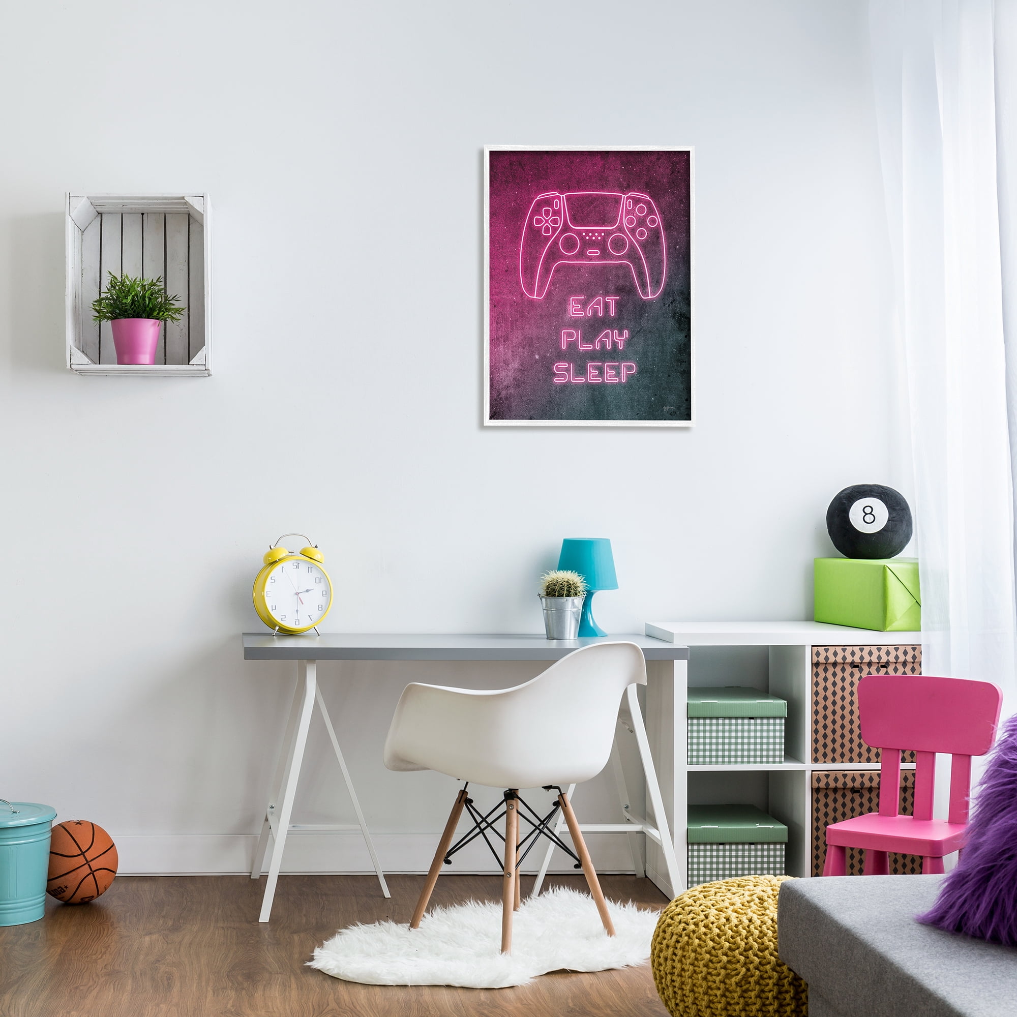 Stupell Industries Eat Play Sleep Pink Gamer Typography Painting White Framed Art Print Wall Art, 24 x 30