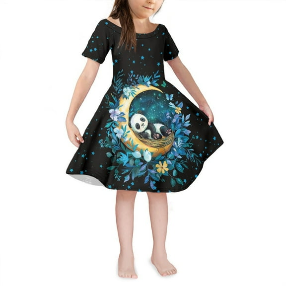 Yuyamidu Cute Panda Summer Dresses for Teens Girl Moon Round Neck Skater Dress Spring Summer Outdoor Short Sleeve Sundress Casual Flower Dresses for Kids Girls 5-6