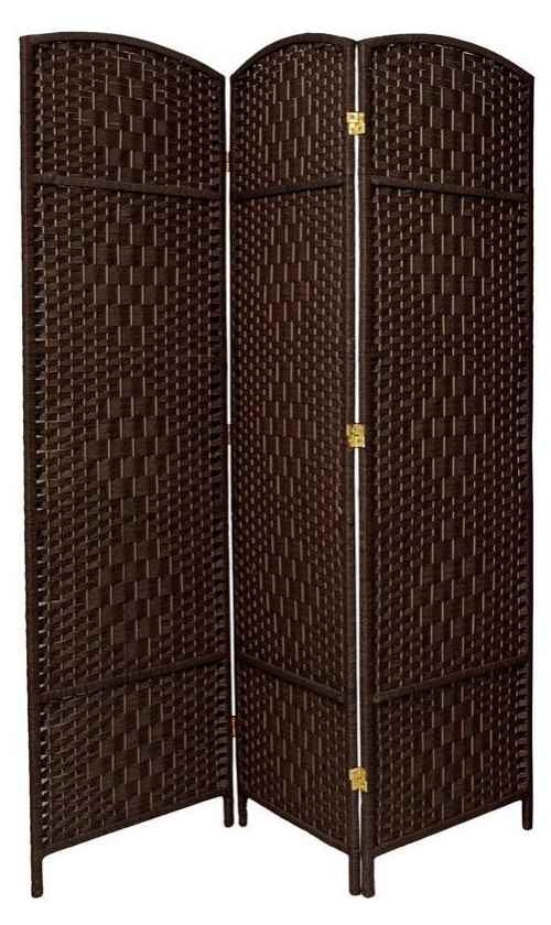 Red Lantern 6 Ft Tall Woven Fiber Room Divider - 3 Panel Folding Screen In Dark Mocha