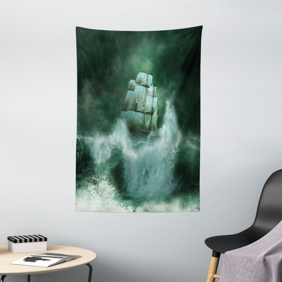 Pirate Ship Tapestry, Old Ship in Thunderstorm Digital Artwork Fantasy Adventure, Wall Hanging for Bedroom Living Room Dorm Decor, 40W X 60L Inches, Jade Green Dark Green White, by Ambesonne