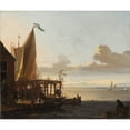 thumbnail image 2 of Ludolf Bakhuysen 14x12 Black Ornate Wood Framed Double Matted Museum Art Print Titled: Small Harbour Near a Tavern, 2 of 5
