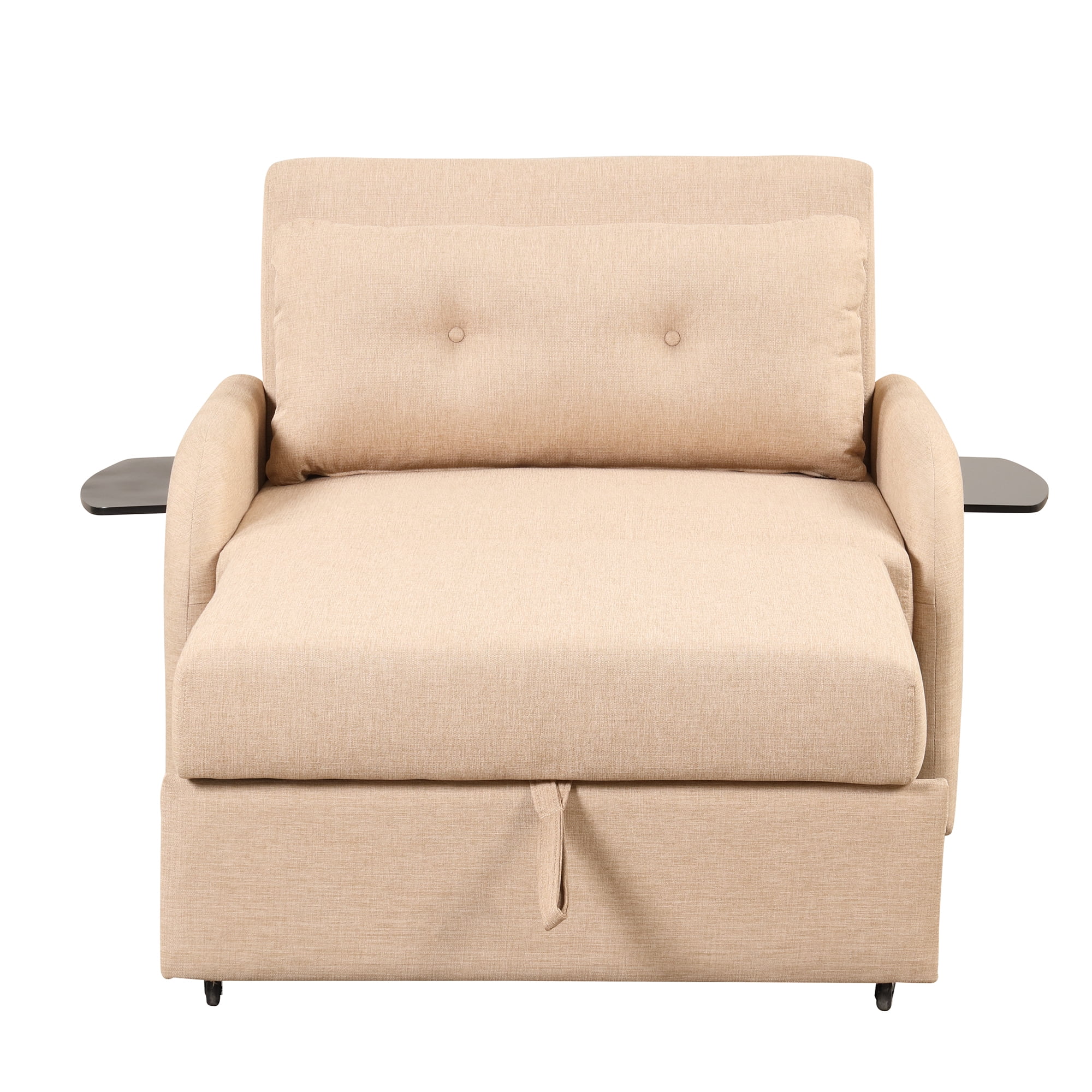 Pull Out Sofa Sleeper with Adjustable Backrest, 3 in 1 Multifunctional Sofa Bed with 2 Wing Table Side Pocket and USB Charge, Linen Fabric, for Living Room, Recreation Room, Beige