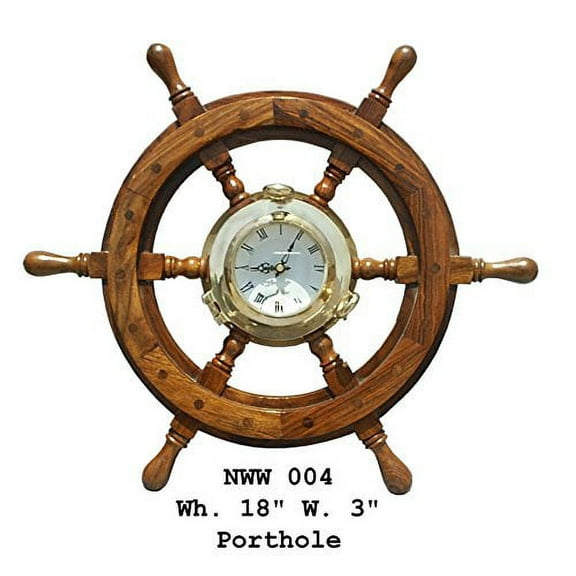 "Nagina International 18"" Nautical Ship Wheel with 3"" Porthole Clock Pirate   Home Decor Wall Hanging"