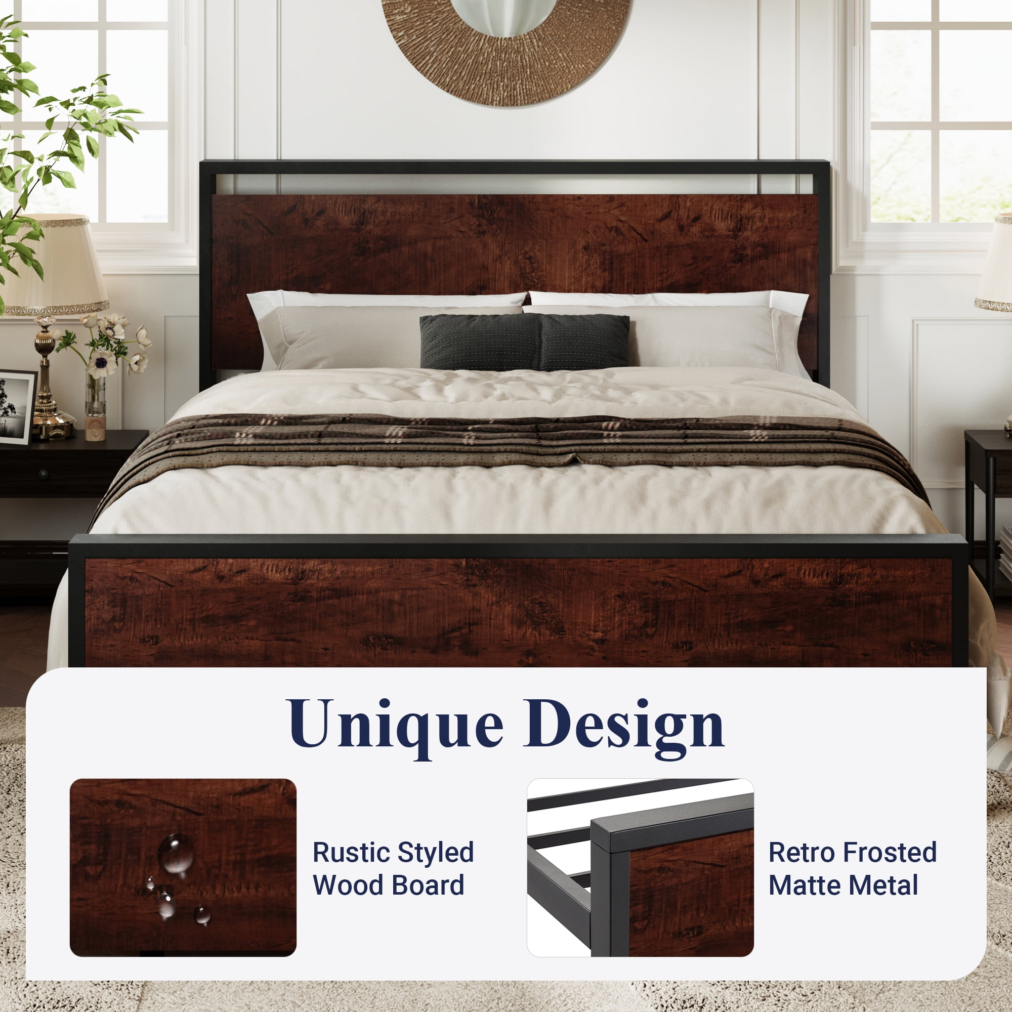 Allewie Full Size Bed Frame, Heavy Duty Metal Platform Bed with Wooden Industrial Headboard & Footboard, No Box Spring Needed, Mahogany