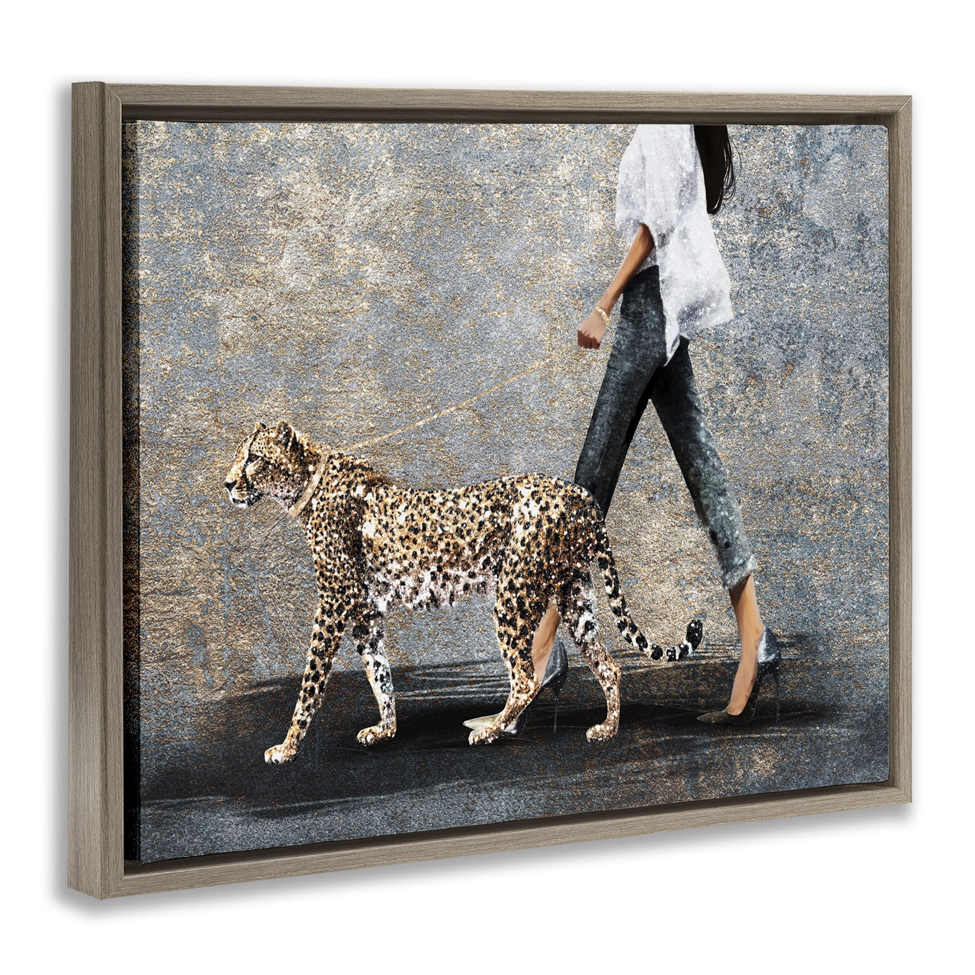 Stupell Industries Trendy Woman with Leopard People Painting Brown Floater Framed Canvas Art Print Wall Art, 31 x 25
