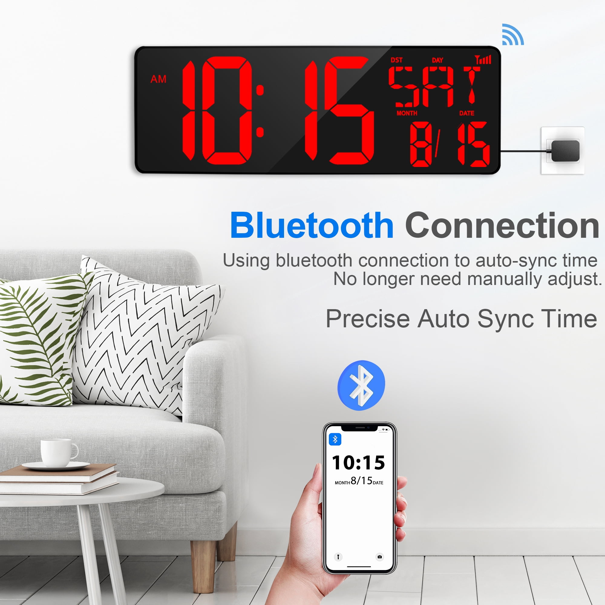 XREXS Large Digital Wall Clock with Bluetooth, 16.5 in Large Display Wall Clock with Temperature/Date/Week