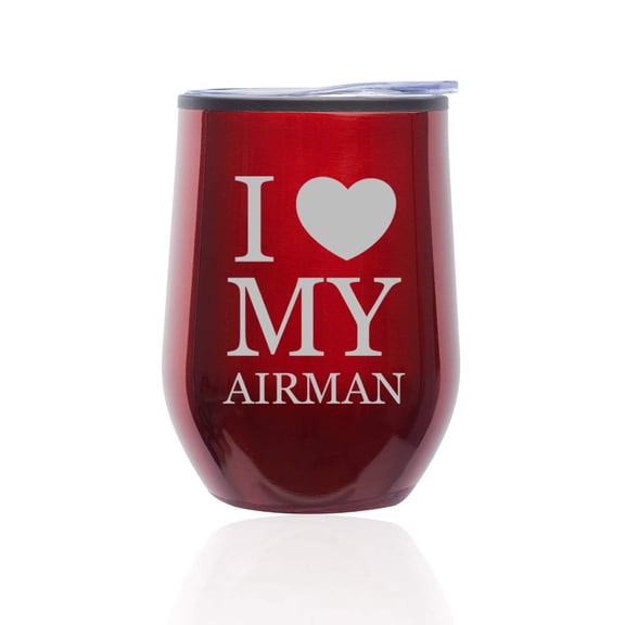 Stemless Wine Tumbler Coffee Travel Mug Glass with Lid I Love My Airman Airforce (Red)